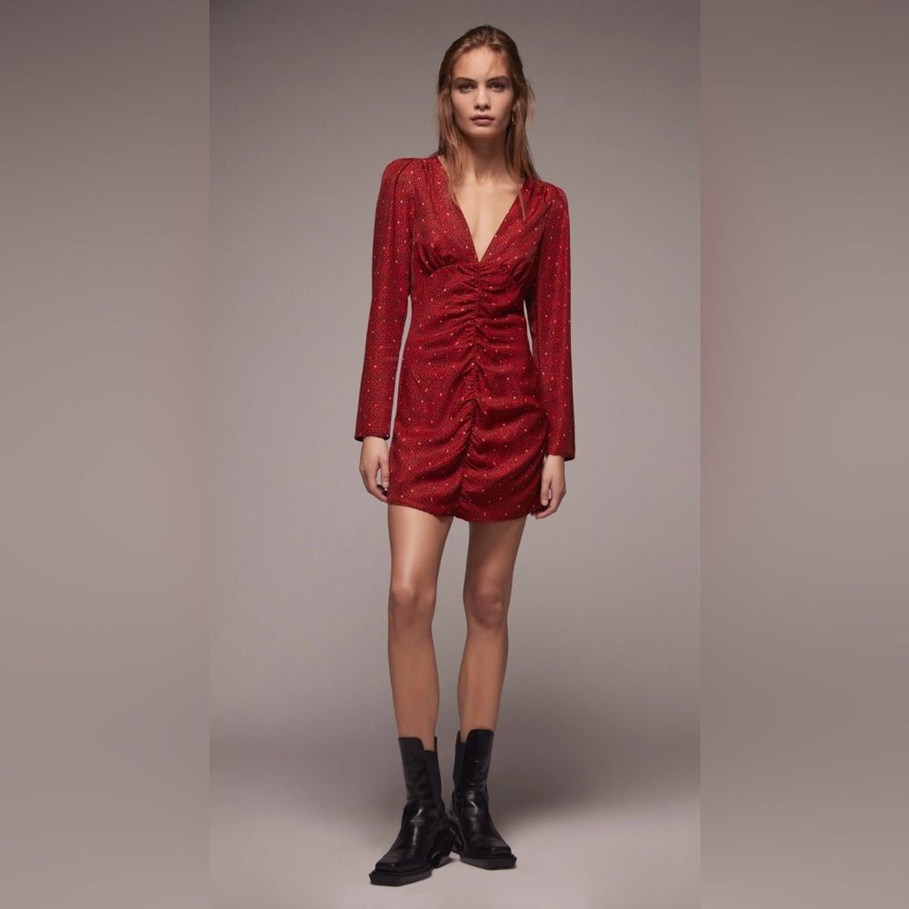 Zara Dot Print -Red with Black Dots and  V neck, Size Extra Small